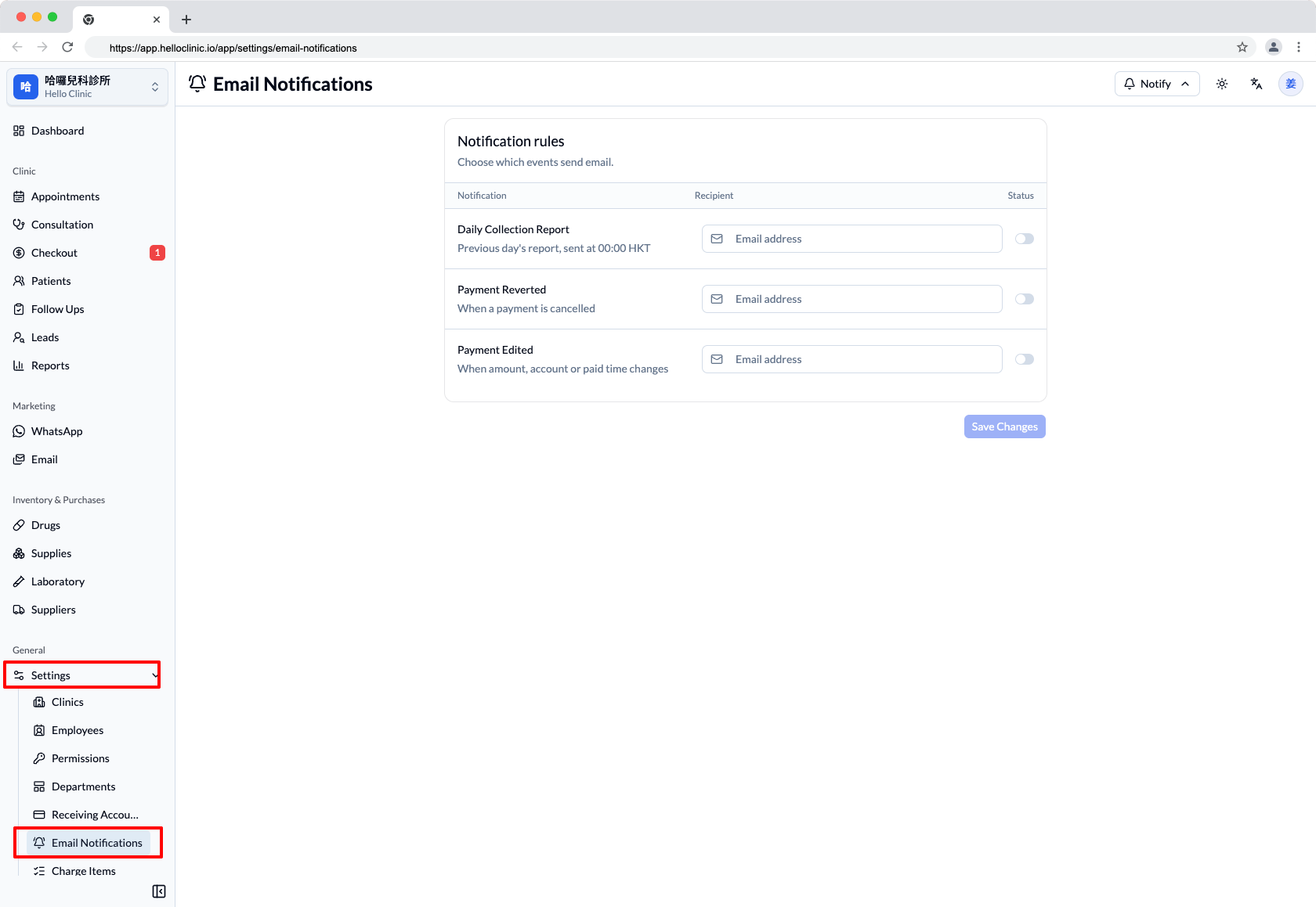 HelloClinic Email Notifications settings page showing Daily Collection Report, Payment Reverted, and Payment Edited rules with recipient email fields and toggle switches
