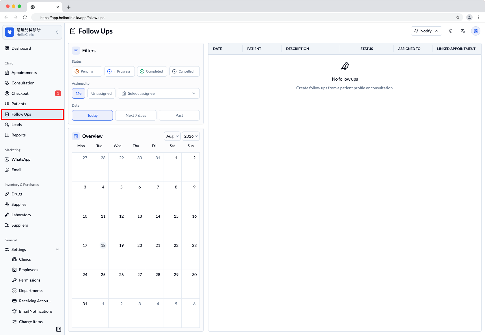 HelloClinic Follow Ups workspace showing status, assignee, and date filters, a follow-up list, and a calendar overview