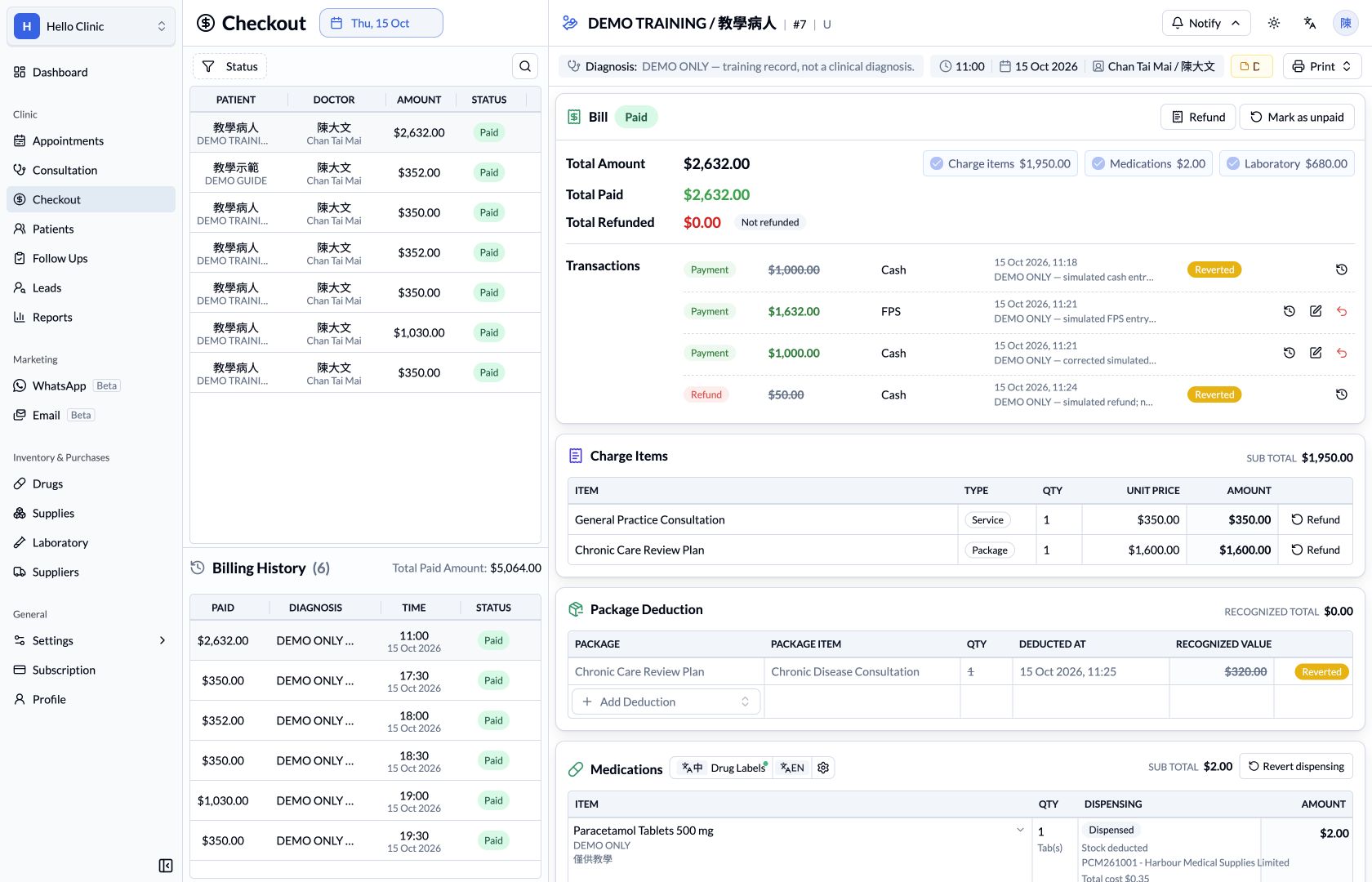 HelloClinic Checkout showing bill totals, payment and refund transactions, charge item refund actions, and package deduction history