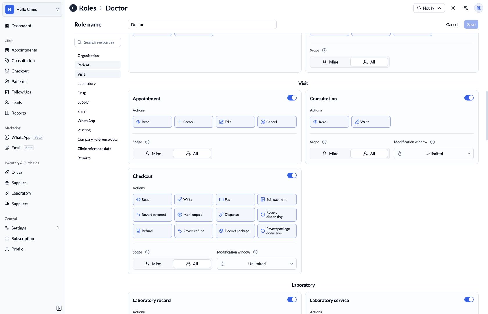 HelloClinic role editor showing Appointment, Consultation, and Checkout actions, Mine or All scope, and Modification window