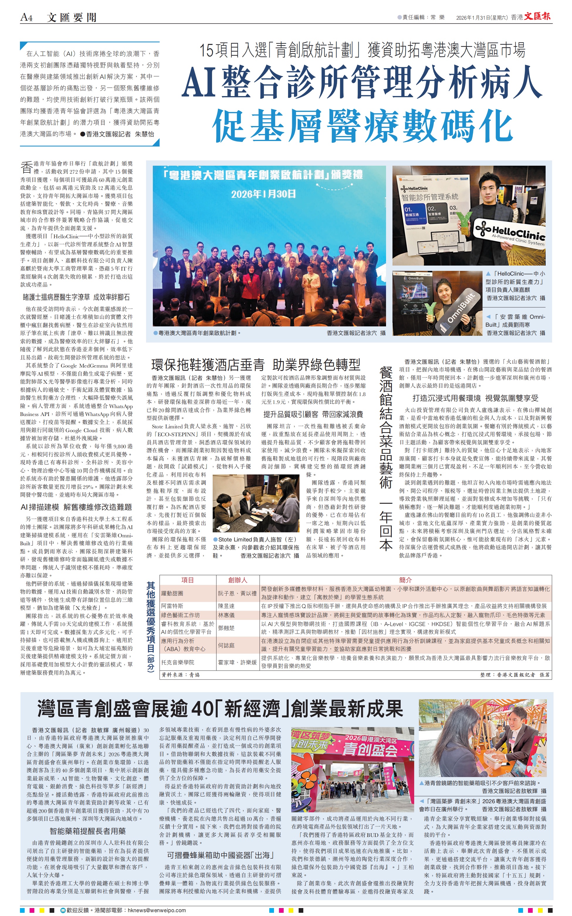 《香港文匯報》版面報導 HelloClinic 入選粵港澳大灣區青年創業啟航計劃