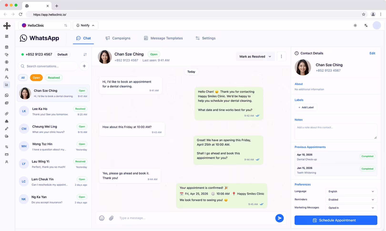 HelloClinic WhatsApp 自動化儀表板